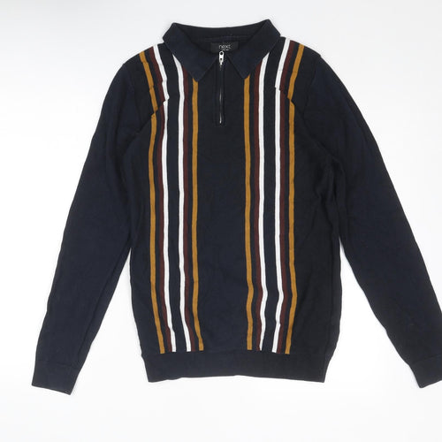 NEXT Mens Blue Collared Striped Cotton Henley Jumper Size S Long Sleeve