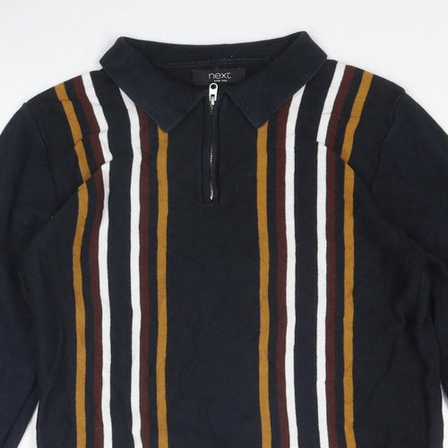 NEXT Mens Blue Collared Striped Cotton Henley Jumper Size S Long Sleeve