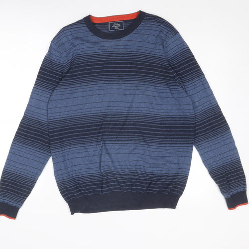 John Lewis Mens Blue Round Neck Striped Cotton Pullover Jumper Size S Long Sleeve