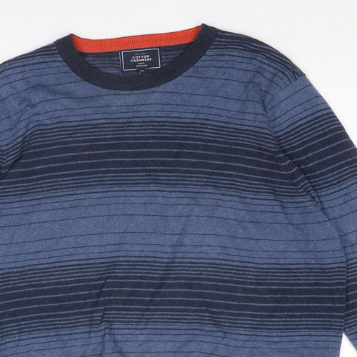 John Lewis Mens Blue Round Neck Striped Cotton Pullover Jumper Size S Long Sleeve