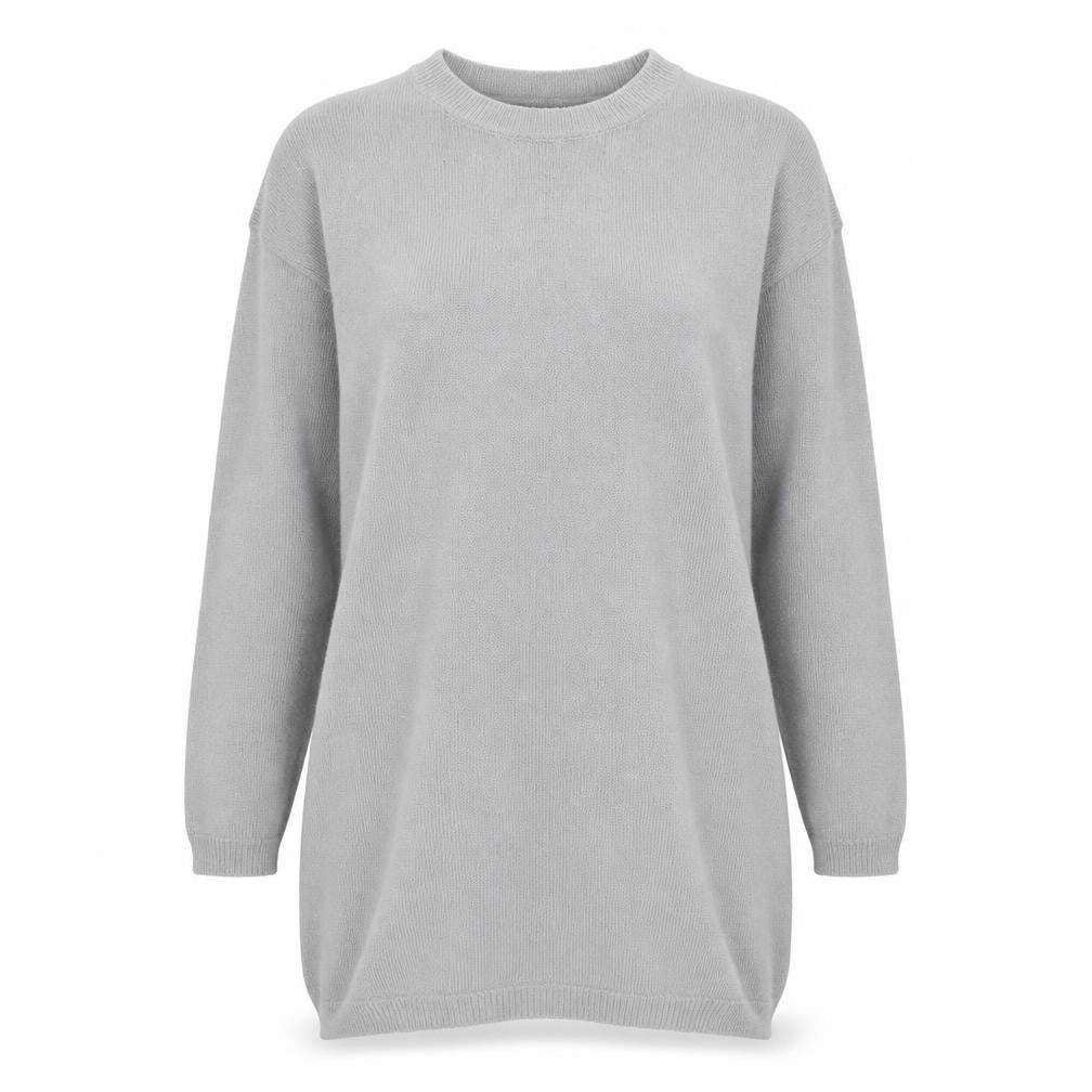 Front view of Boohoo women’s grey crew neck acrylic jumper, size S
