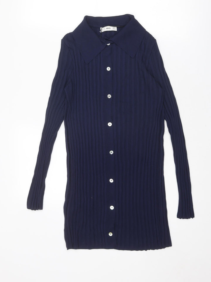 Mango Womens Blue Polyamide Shirt Dress Size S Collared Button - Ribbed