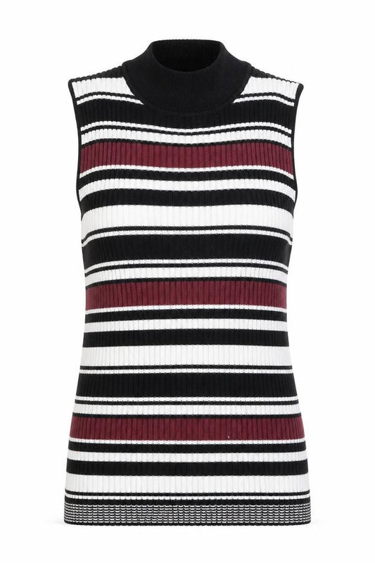 Front view of Miss Selfridge women’s multicoloured mock neck striped viscose jumper, size UK 12, - ribbed