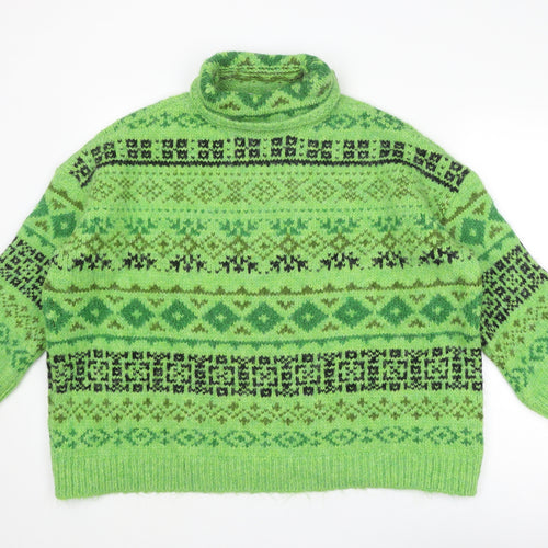 Zara Womens Green Roll Neck Geometric Acrylic Pullover Jumper Size M