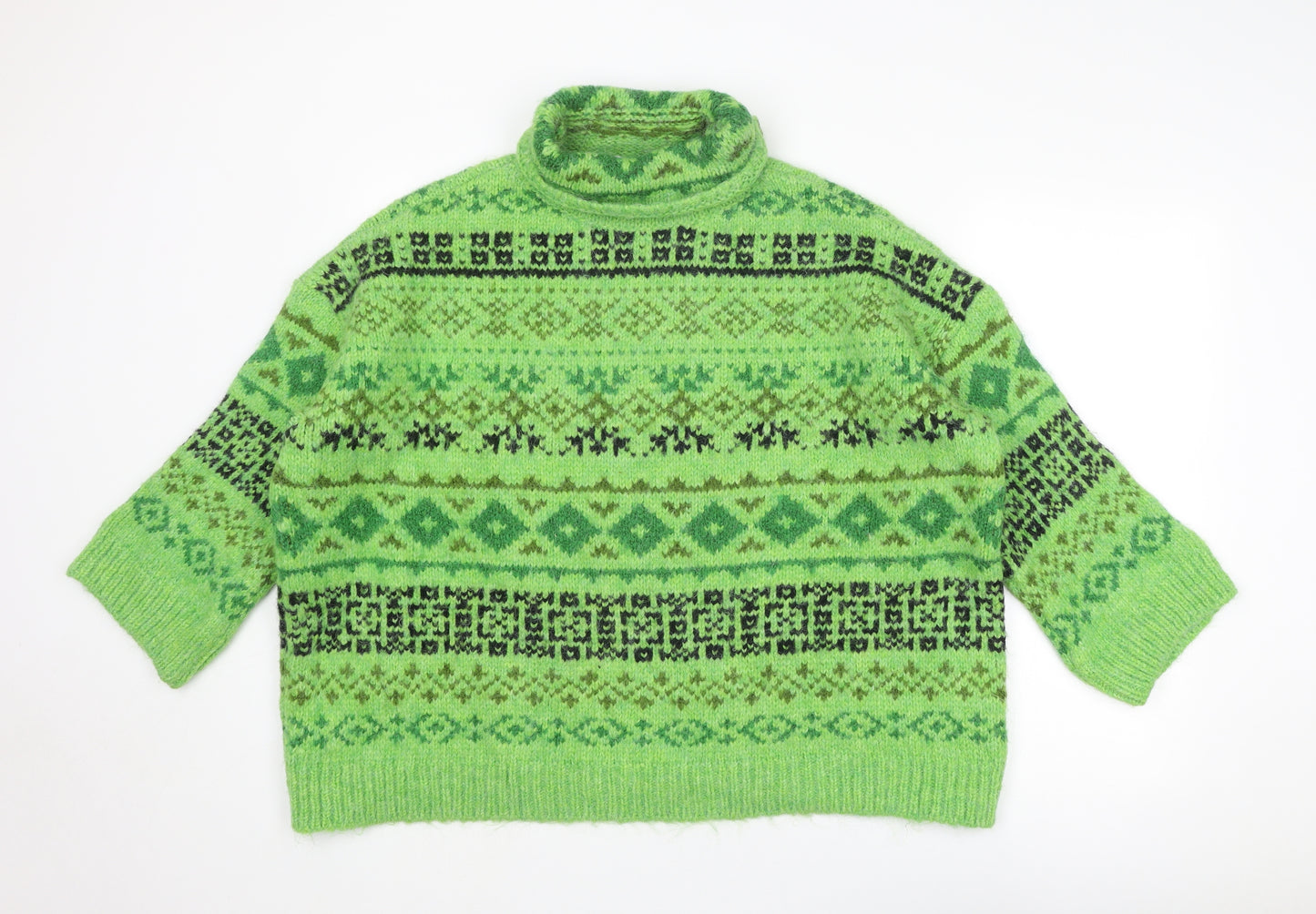 Zara Womens Green Roll Neck Geometric Acrylic Pullover Jumper Size M
