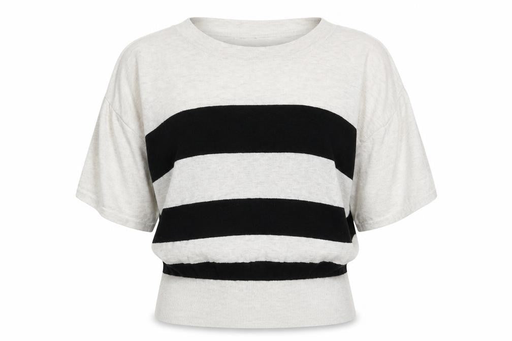 Front view of Topshop women’s beige boat neck striped cotton jumper, size UK 8