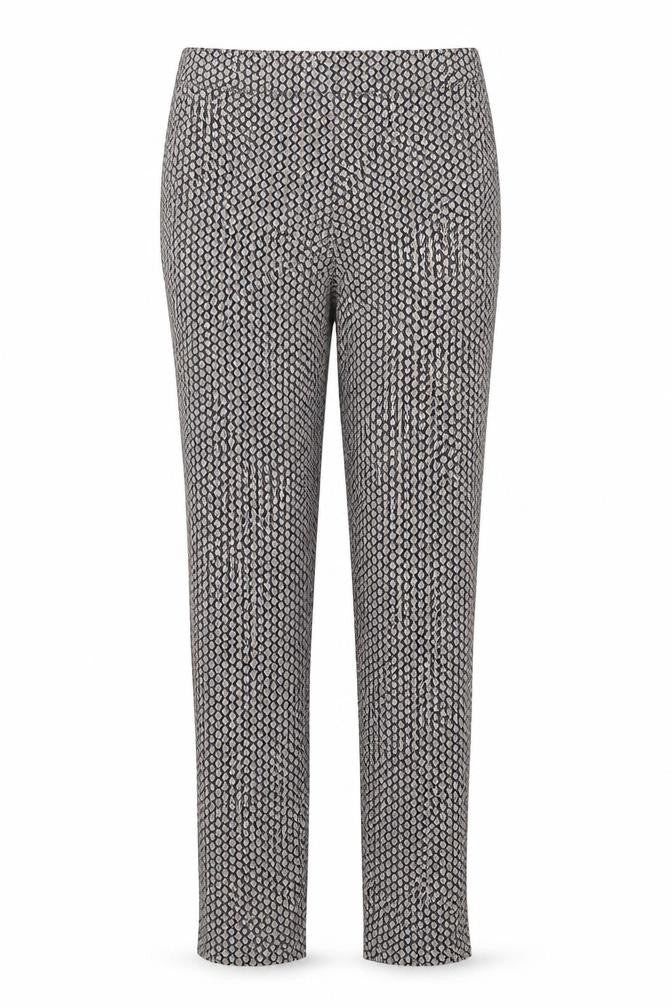 Front view of Dunnes women’s multicoloured geometric viscose trousers, size UK 10, regular zip