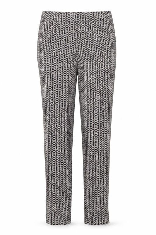 Front view of Dunnes women’s multicoloured geometric viscose trousers, size UK 10, regular zip