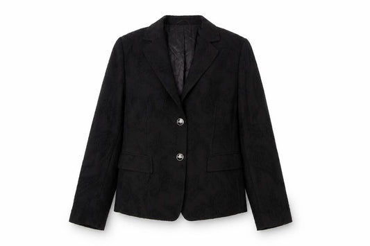 Front view of Marcona women’s black wool jacket suit jacket, size UK 12