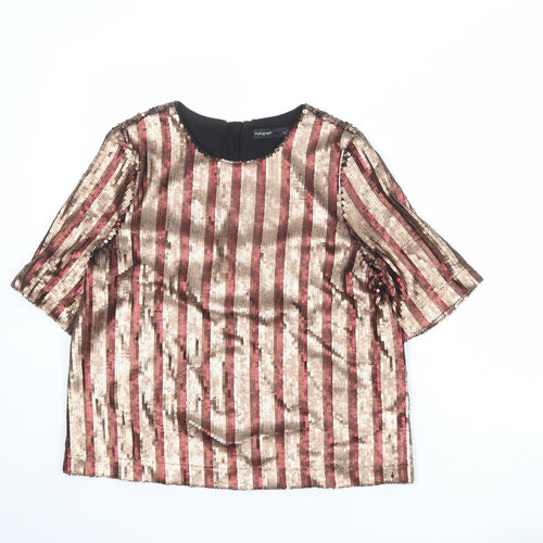 Autograph Womens Gold Striped Polyester Basic Blouse Size 12 Round Neck