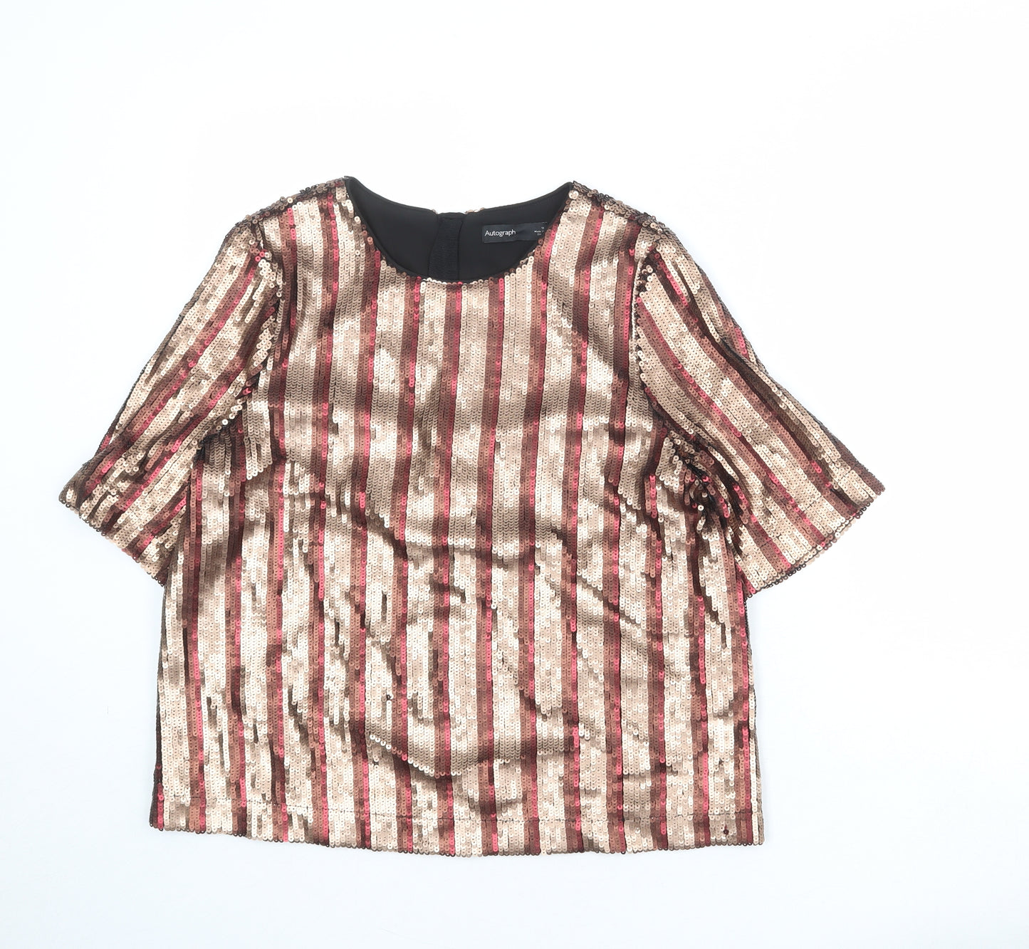 Autograph Womens Gold Striped Polyester Basic Blouse Size 12 Round Neck