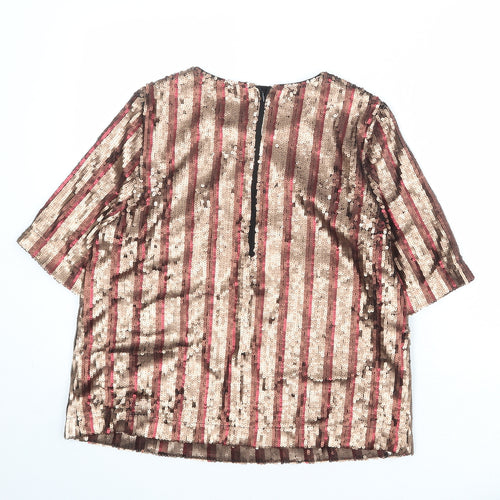 Autograph Womens Gold Striped Polyester Basic Blouse Size 12 Round Neck