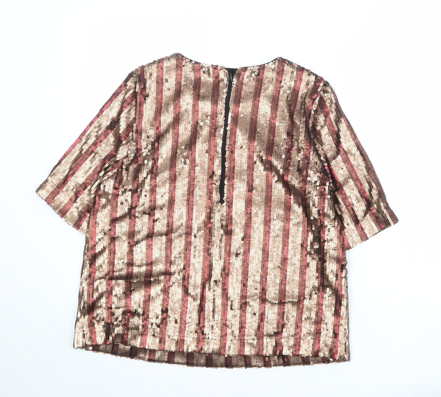 Autograph Womens Gold Striped Polyester Basic Blouse Size 12 Round Neck