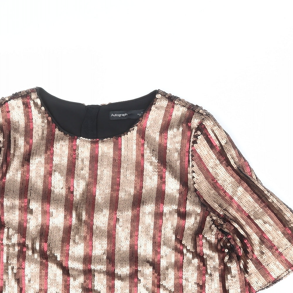 Autograph Womens Gold Striped Polyester Basic Blouse Size 12 Round Neck
