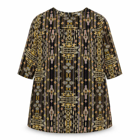 Front view of H&M women’s multicoloured geometric polyester a-line, size UK 14, boat neck button