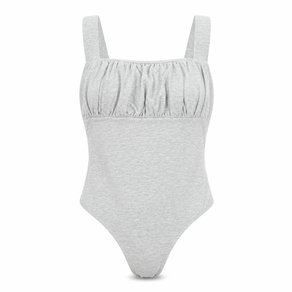 Front view of Missguided women’s grey viscose bodysuit one-piece, size UK 12, snap