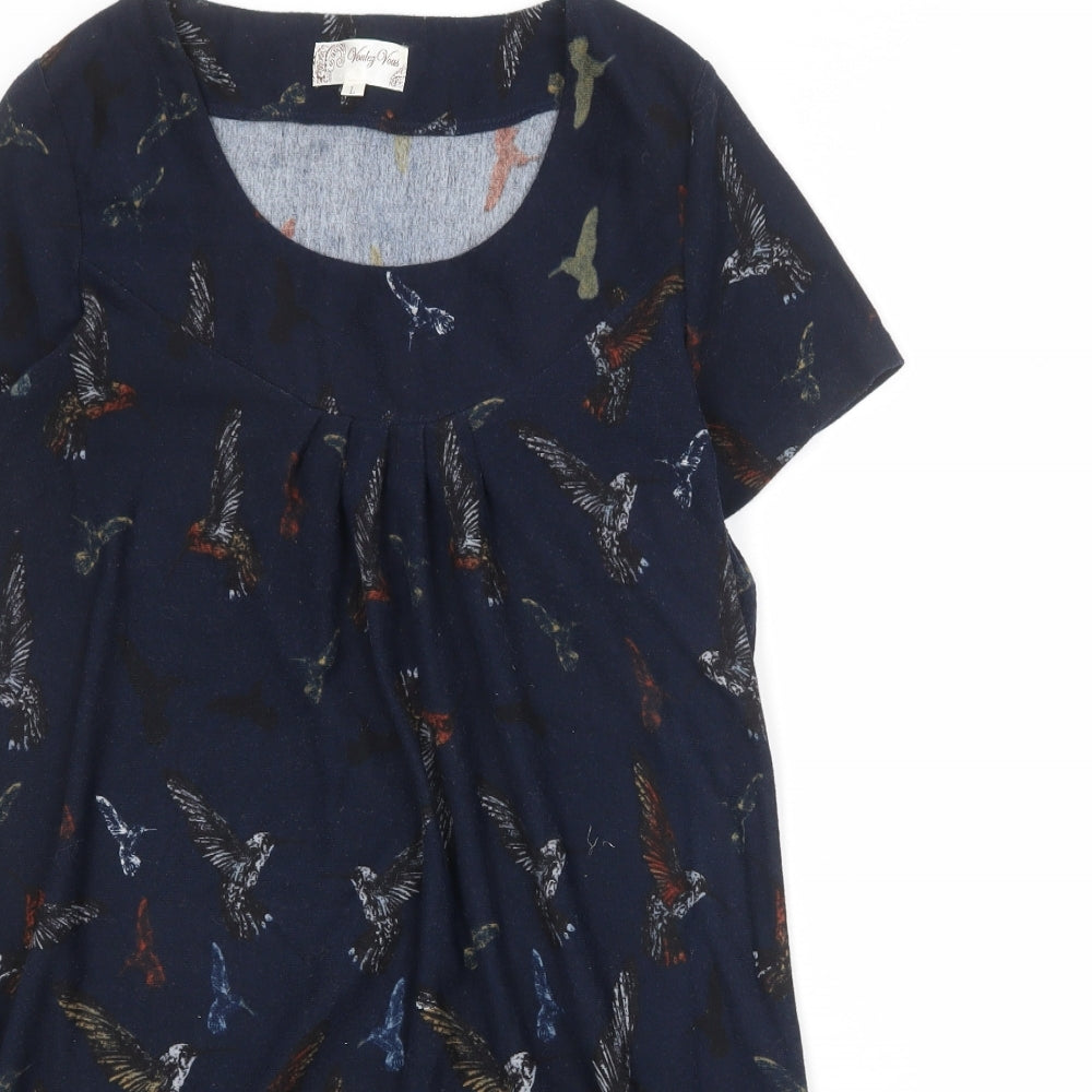 Voulez-Vous Womens Blue Geometric Polyester A-Line Size L Boat Neck Pullover - Bird Print