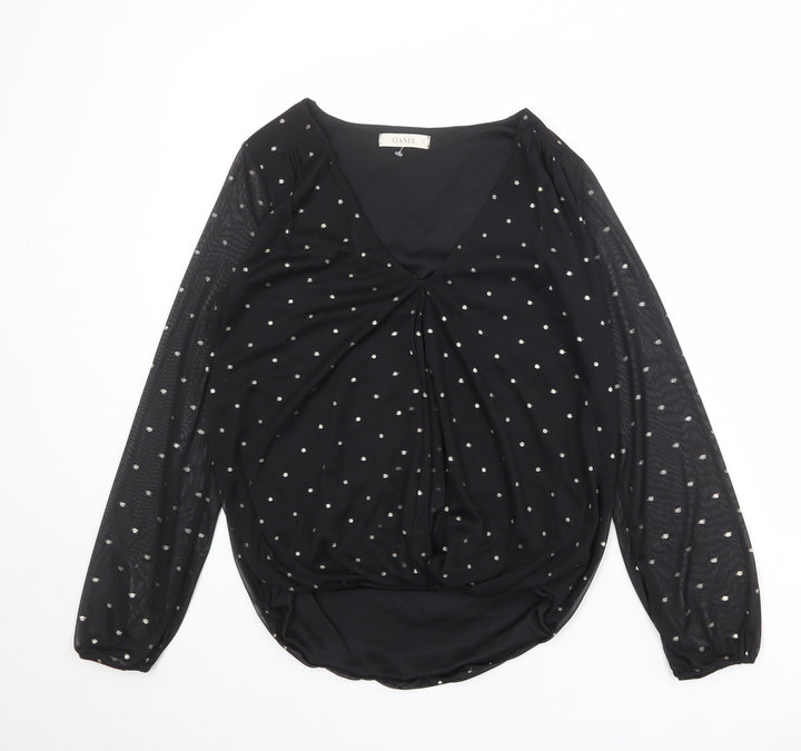 Oasis Womens Black Polka Dot Polyester Basic Blouse Size S V-Neck