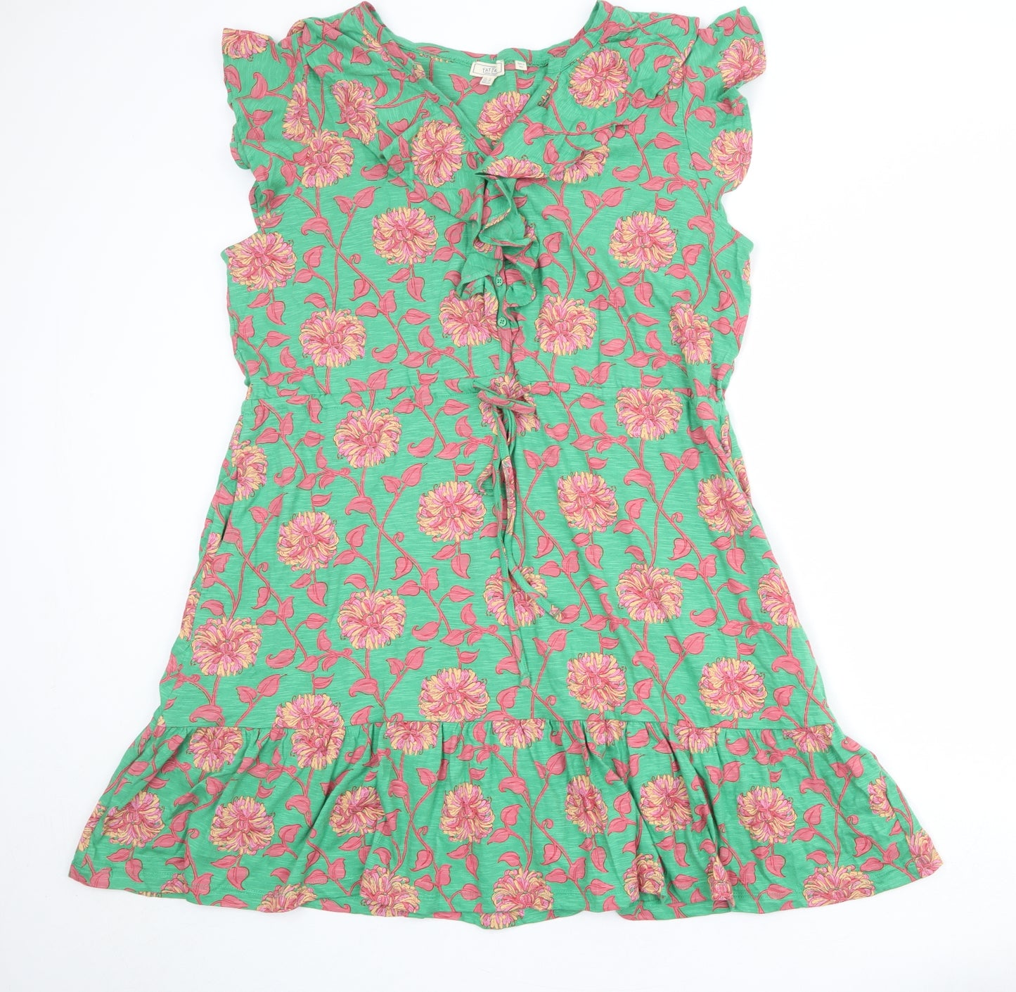 Fat Face Womens Green Floral Cotton Fit & Flare Size 18 V-Neck Button