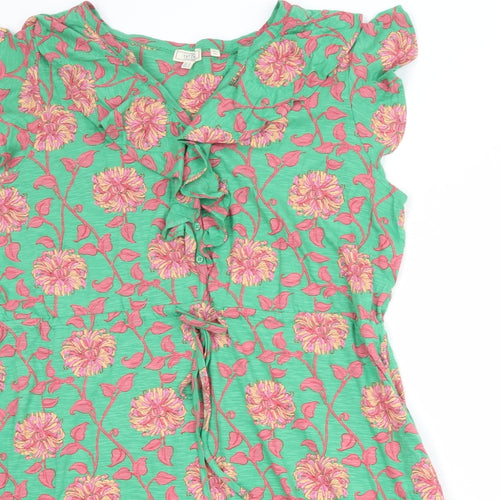 Fat Face Womens Green Floral Cotton Fit & Flare Size 18 V-Neck Button