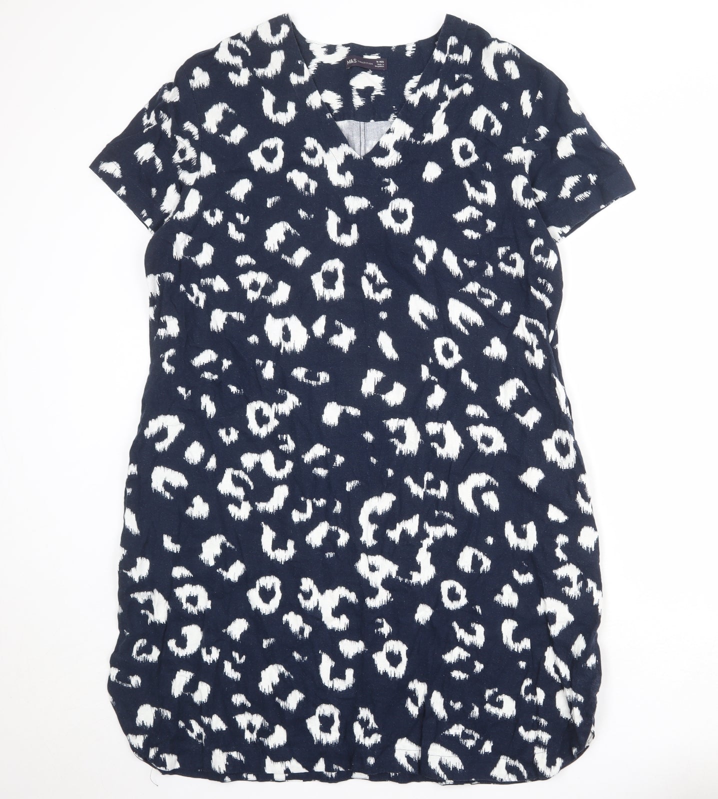 Marks and Spencer Womens Blue Animal Print Linen Shift Size 18 V-Neck Pullover - Leopard Print