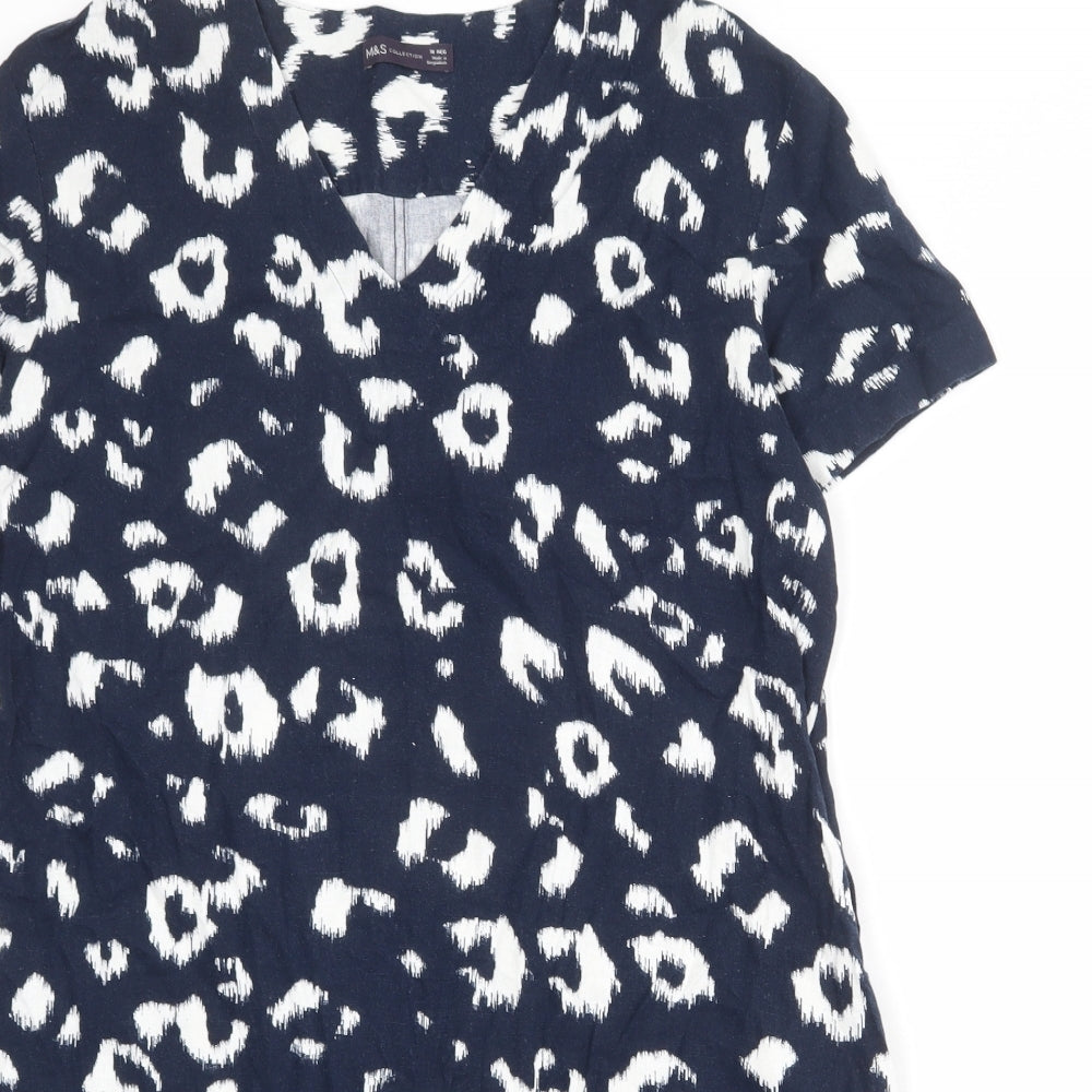 Marks and Spencer Womens Blue Animal Print Linen Shift Size 18 V-Neck Pullover - Leopard Print