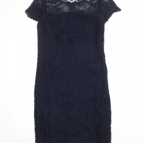 NEXT Womens Blue Polyester Pencil Dress Size 10 Boat Neck Pullover - Crochet Overlay