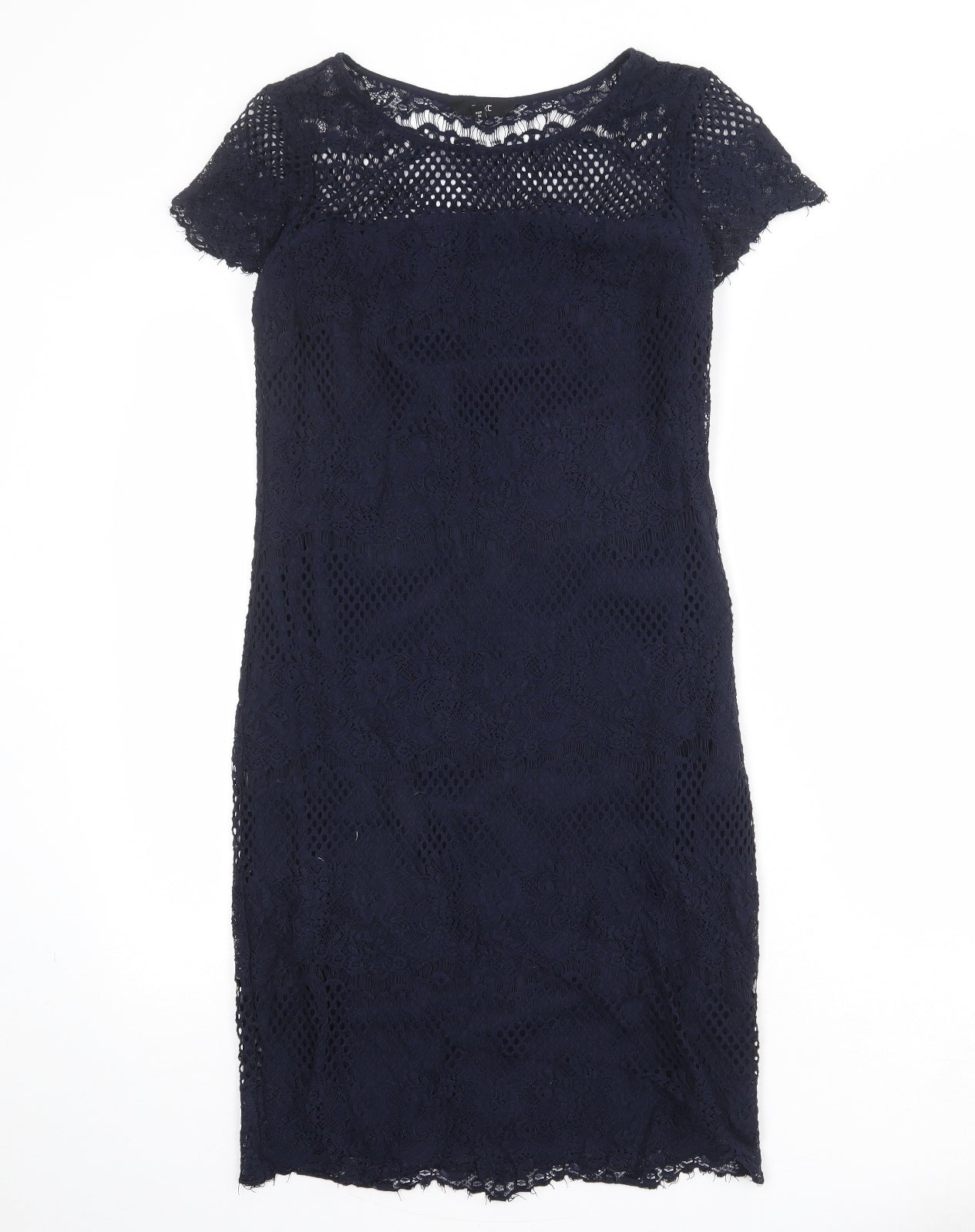 NEXT Womens Blue Polyester Pencil Dress Size 10 Boat Neck Pullover - Crochet Overlay