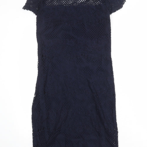 NEXT Womens Blue Polyester Pencil Dress Size 10 Boat Neck Pullover - Crochet Overlay