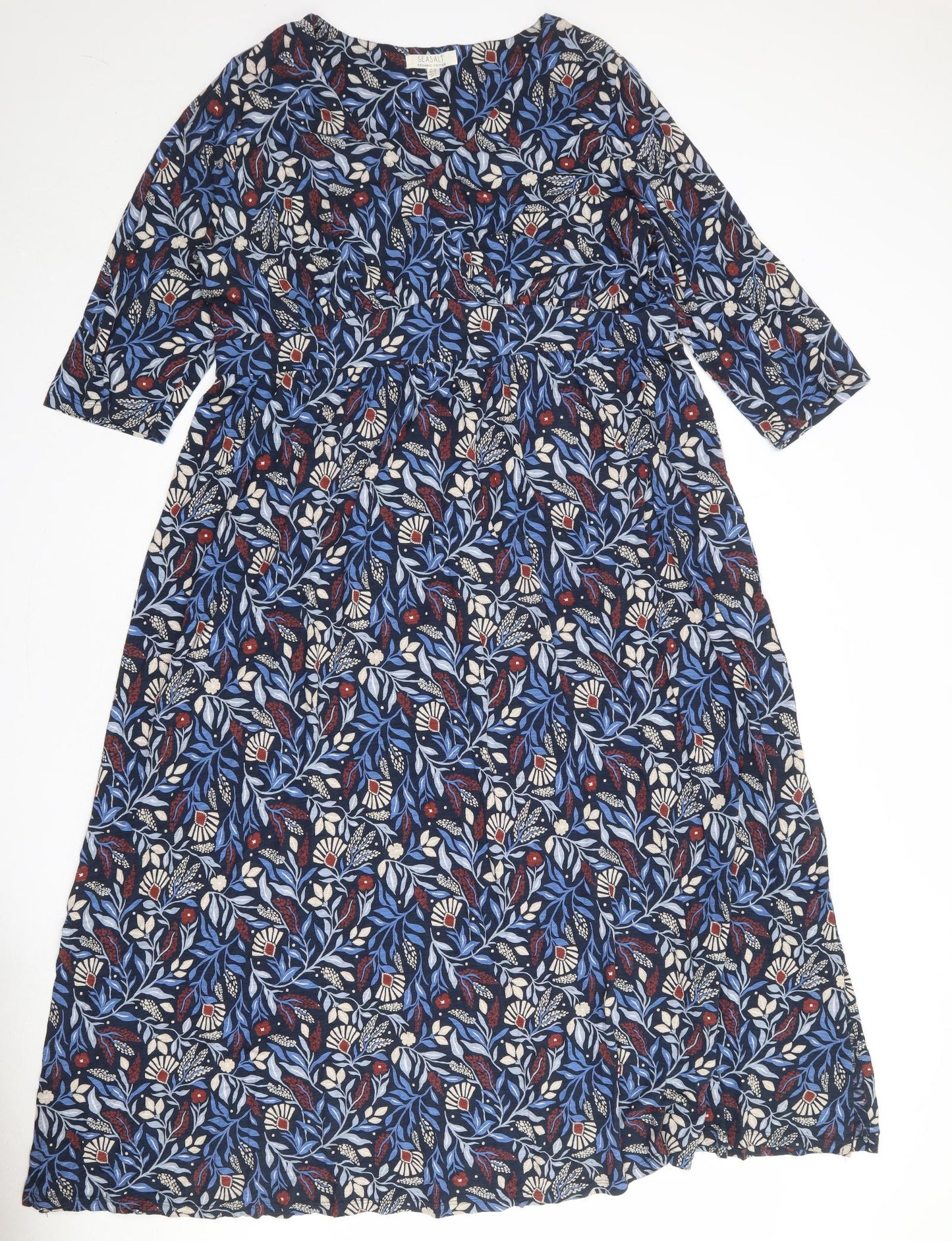 Seasalt Womens Blue Geometric 100% Cotton Maxi Size 20 V-Neck Pullover