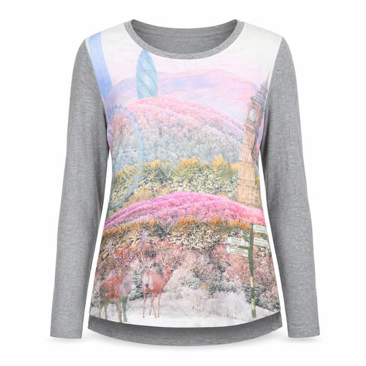 Front view of Louche women’s multicoloured polyester basic blouse, size UK 8, round neck - london view