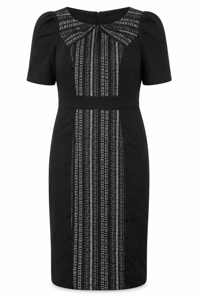 Front view of Per Una women’s black geometric cotton shift, size UK 12, round neck zip