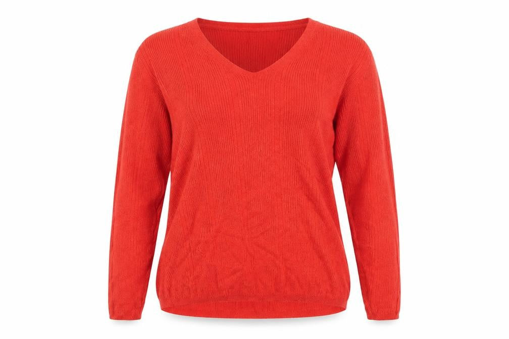 Front view of Marks & Spencer women’s red v-neck viscose jumper, size UK 18