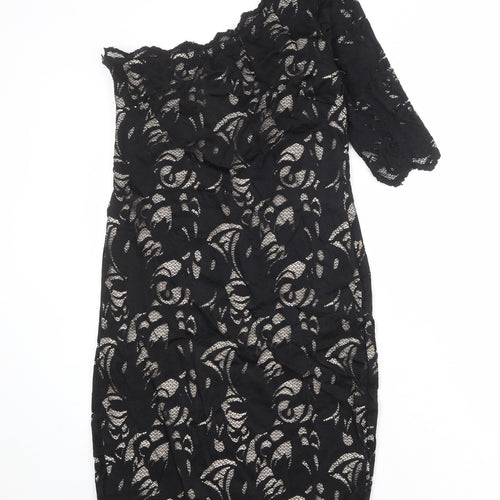 H&M Womens Black Floral Polyamide A-Line Size M One Shoulder Zip
