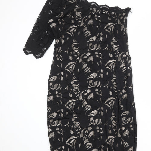 H&M Womens Black Floral Polyamide A-Line Size M One Shoulder Zip
