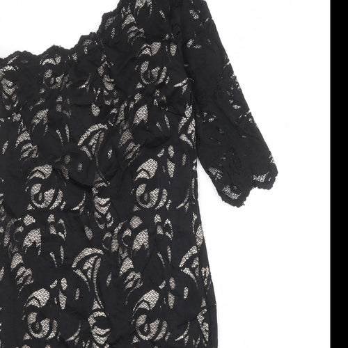 H&M Womens Black Floral Polyamide A-Line Size M One Shoulder Zip