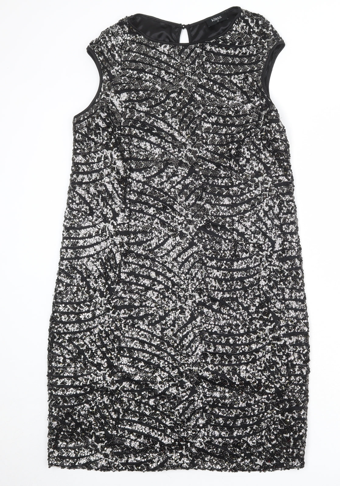 Klass Womens Black Geometric Polyester Shift Size 16 Round Neck Button