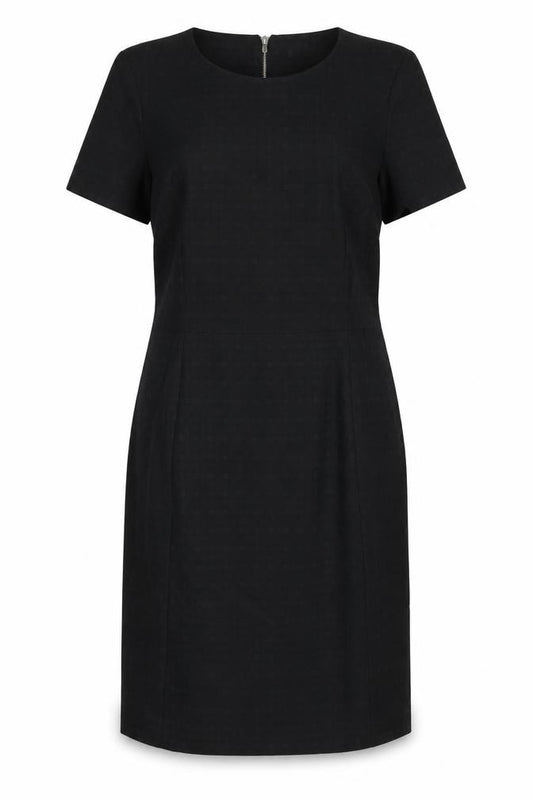 Front view of Next women’s black geometric polyester shift, size UK 12, round neck zip