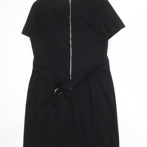NEXT Womens Black Geometric Polyester Shift Size 12 Round Neck Zip