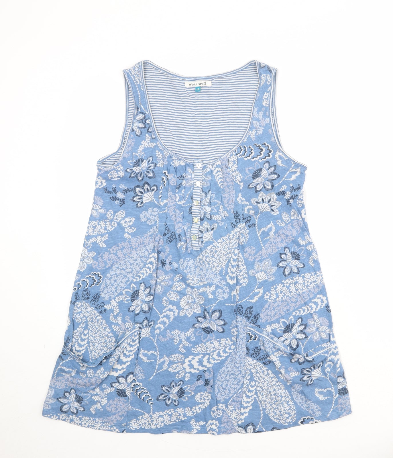 White Stuff Womens Blue Geometric 100% Cotton Basic Tank Size 10 Round Neck