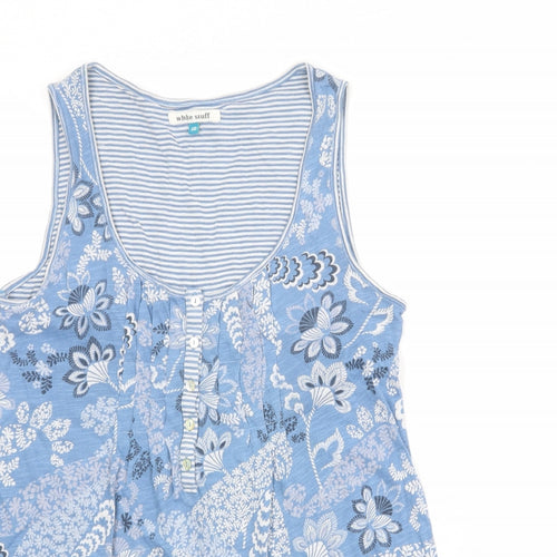 White Stuff Womens Blue Geometric 100% Cotton Basic Tank Size 10 Round Neck