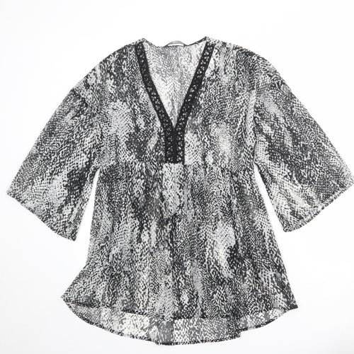 Marks and Spencer Womens Grey Geometric Polyester Basic Blouse Size 8 V-Neck