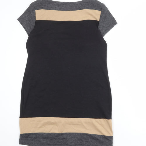 BHS Womens Black Colourblock Polyester Shirt Dress Size 10 Round Neck Button