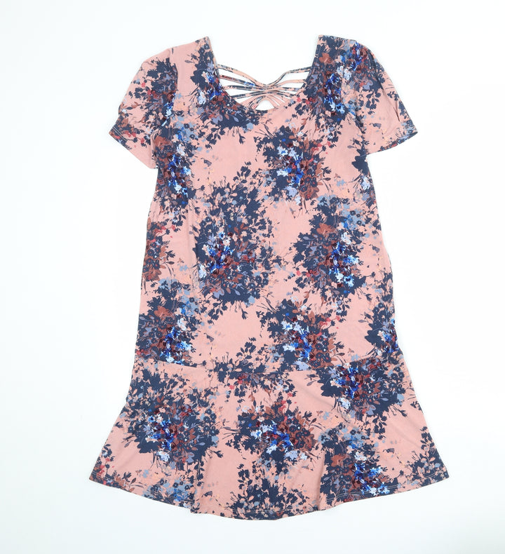 NEXT Womens Pink Floral Polyester T-Shirt Dress Size 10 Round Neck Pullover