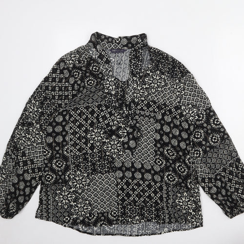 Marks and Spencer Womens Black Geometric Viscose Basic Button-Up Size 16 V-Neck
