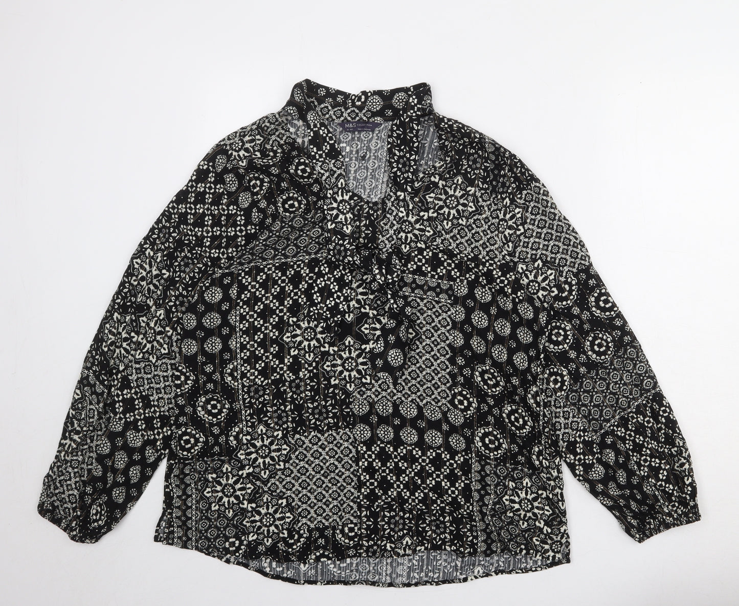 Marks and Spencer Womens Black Geometric Viscose Basic Button-Up Size 16 V-Neck