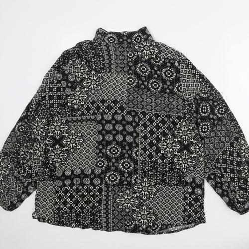Marks and Spencer Womens Black Geometric Viscose Basic Button-Up Size 16 V-Neck