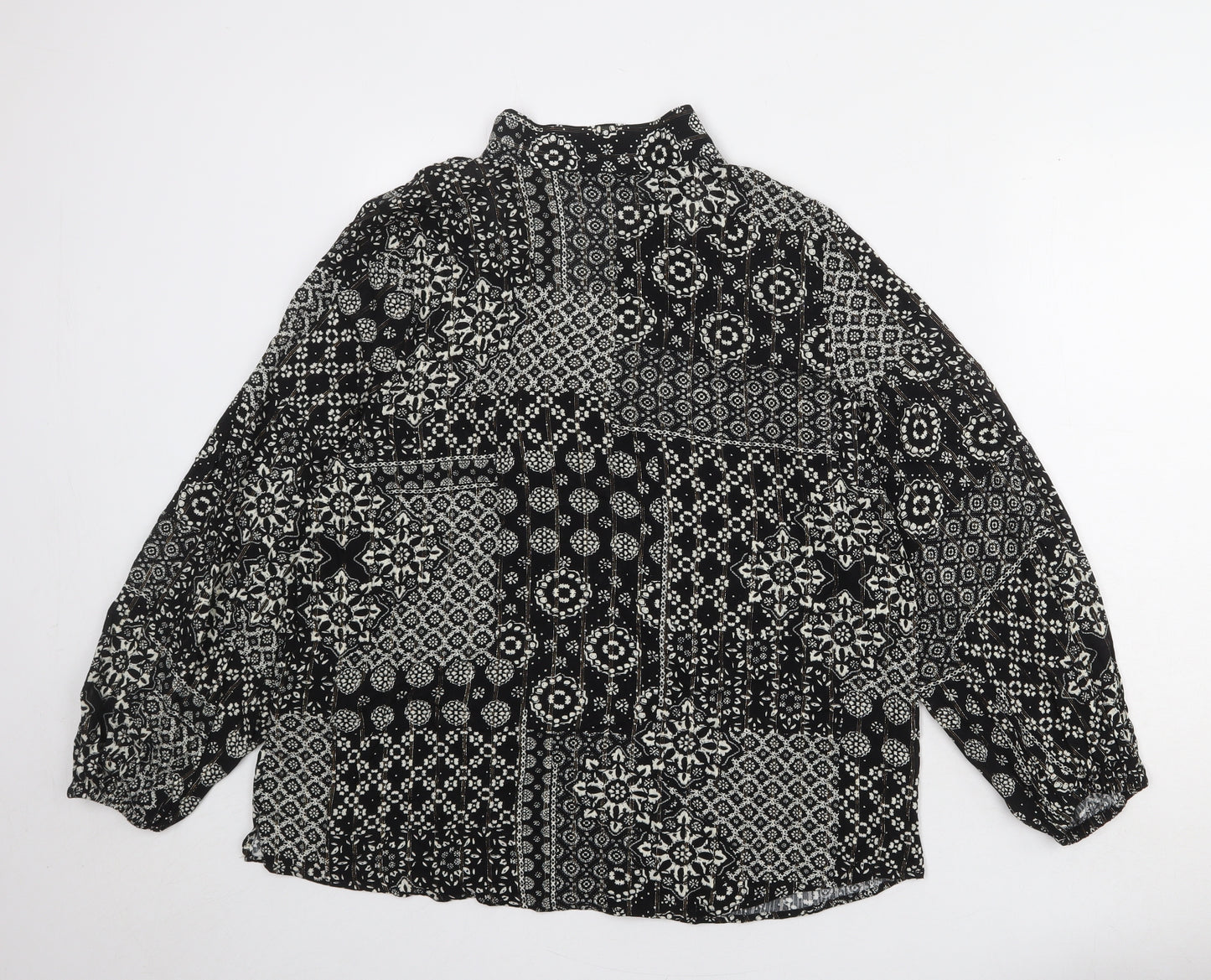 Marks and Spencer Womens Black Geometric Viscose Basic Button-Up Size 16 V-Neck