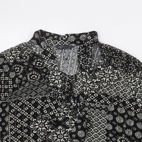 Marks and Spencer Womens Black Geometric Viscose Basic Button-Up Size 16 V-Neck