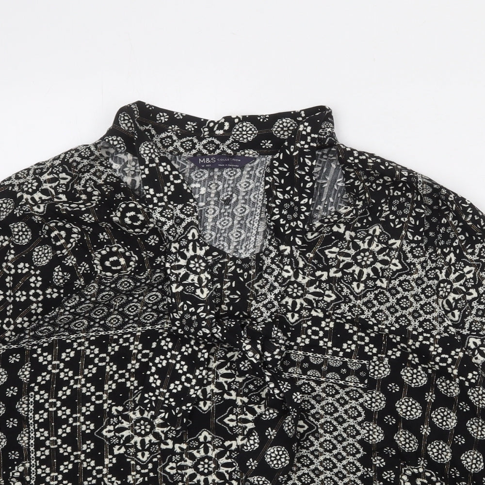 Marks and Spencer Womens Black Geometric Viscose Basic Button-Up Size 16 V-Neck